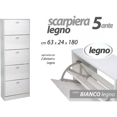 Scarpiera bianca doppia ribalta 5 ante cm 63 x 24 x 180 h