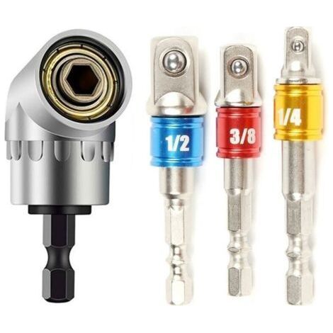 1pc Right Angle Drill Bit and 3pcs Socket Adapter 1/2\"3/8\"1/4\" Angle Drive Kit 105 Degree Screwdriver Magnetic Quick Change Electric Drill Access (1/5)