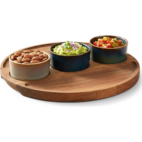 Ciotole per snack in ceramica con vassoio in acacia, set da 4 pezzi