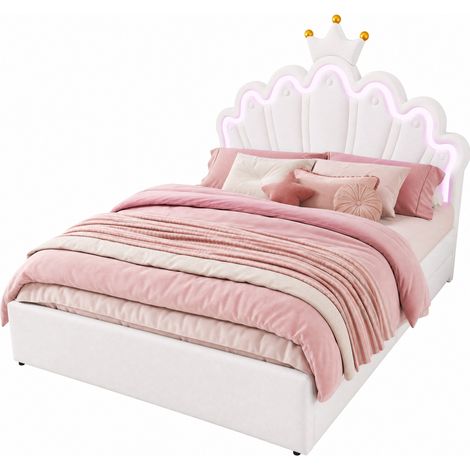 Letto imbottito 140x200 cm con 2 cassetti, testiera regolabile e luci ambientali LED multicolore, bianco, per bambini, CHICFURN (1/5)