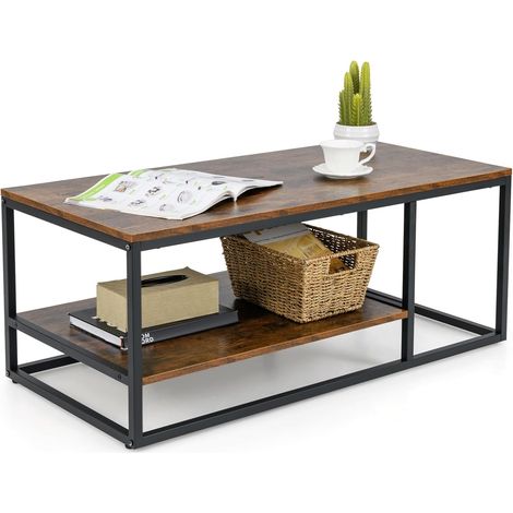 COSTWAY Table Basse Industriel avec Étagère, Table Basse Rectangulaire, Grand Compartiment, Cadre en Métal, 105 x 50 x 42,5 cm, Table de Salon, Marron Rustique (1/5)