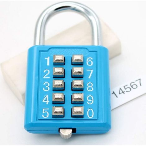 Cadenas à bouton-poussoir à 10 chiffres, serrure à combinaison en acier inoxydable, sans clé, serrure de salle de sport (bleu) (1/3)