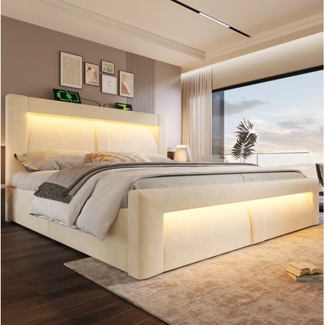Lit double 160x200 cm beige en velours avec coffre, LED, USB et tête de lit incurvée, avec matelas (1/5)