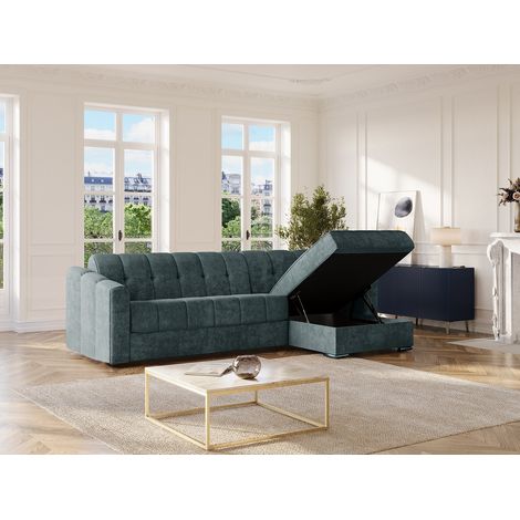 Divano letto angolare express Tessuto testurizzato Blu petrolio Posto letto 140cm doghe larghe Materasso 22cm memory foam - DARIELO (1/4)