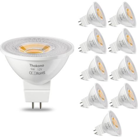 Lot de 10 ampoules LED MR16 GU5.3 blanc chaud 2700K, 5W (remplace les ampoules halogènes de 50W), 550 lm, 12V AC/DC, sans scintillement, angle de faisceau de 24°, lampe à réflecteur LED. (1/5)