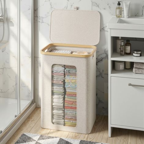 Klyvvo 100L Meuble panier à linge avec couvercle (60 à 65 vêtements) - panier à linge bambou & Oxford 600D waterproof , panier linge sale doté d'un sac intérieur amovible, parfait pour chambre salle d