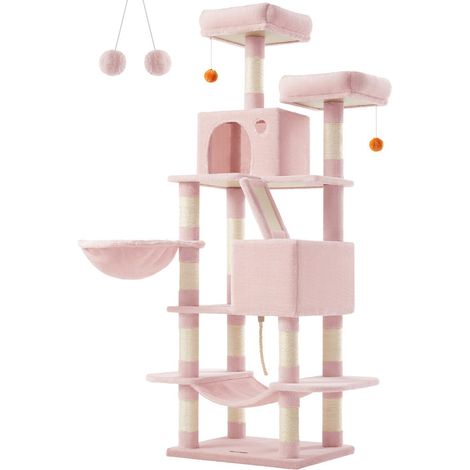 Arbre à Chat, Hauteur 168 cm, avec 13 Griffoirs, 2 Plate-forme, 2 Niches, Panier, Hamac, Pompon, Tissu Peluche, Multi-niveaux pour Chat d'Intérieur, Rose Bonbon (1/5)