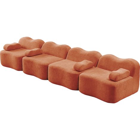 CAIziCanapé modulaire sans ossature 4 places, forme ondulée, mousse haute densité 32D, assise profonde, coussin d’accoudoir mobile, idéal pour le salon, orange (1/5)