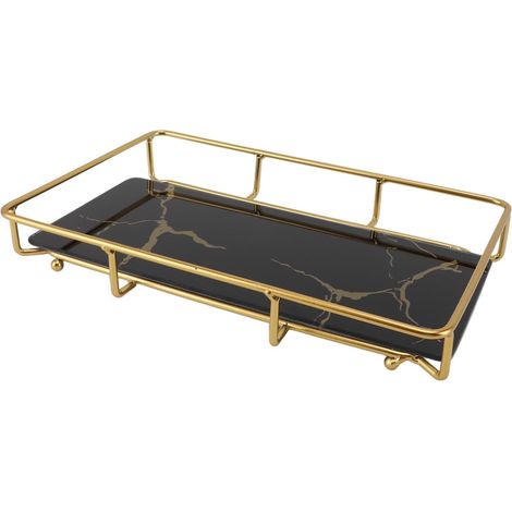 Plateau de vanité de Salle de Bain élégant Moderne, Organisateur de Rangement de Comptoir avec Conception Antidérapante, en Fer et Verre, Facilement Nettoyée, pour L'évier de la'L Noir'-