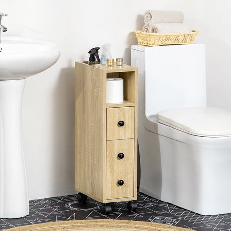 Armoire de salle de bain sur piédestal avec 4 roues - couleur chêne - 1 armoire fermée - 2 armoires ouvertes - 1 tiroir - 18x30x68,5 cm (1/4)