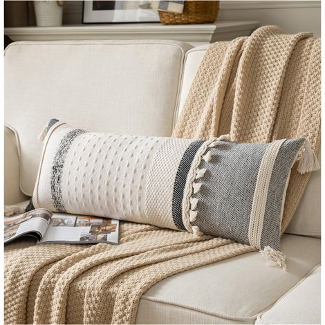 1 Housse de Coussin Lombaire tissée de Style bohème pour lit, Chaise de Style Rustique, canapé, Chambre à Coucher, Salon, décoration d'intérieur, 35,6 x 91,4 cm, Noir et Beige (1/5)