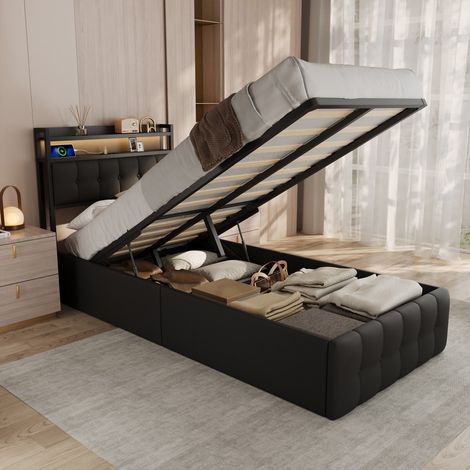 Cama de 90 x 200 cm - Cama con canapé de 90 x 200 y somier - Cabecero acolchado con espacio de almacenamiento, LED RGB, USB y Type-C - Cama individual - en PU negro (1/5)