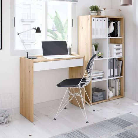 Pack Escritorio con Estantería Juvenil Estilo Moderno Blanco Artik y Roble Nodi Estudio Oficina