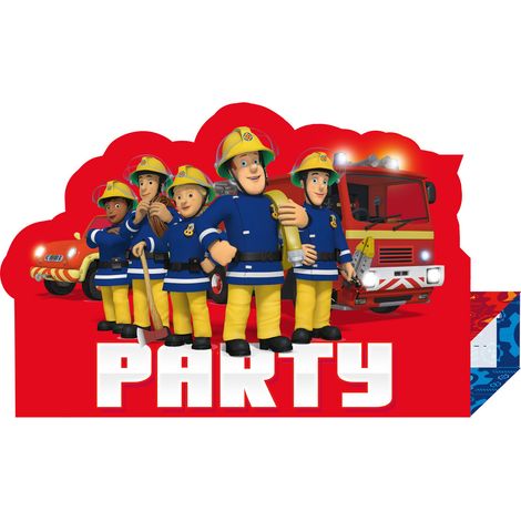 Einladungen mit Feuerwehrmann Sam und Umschlag, 8 Stück.