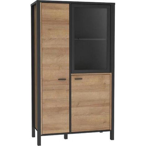 Vitrine 152 cm 3 portes en bois chêne et noir – Porte vitrée pour objets décoratifs – Structure robuste en panneaux de particules – Meubletmoi (1/5)