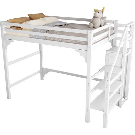 Cama alta doble con escalera de almacenaje y armario, 140 × 200 cm, sin colchón, Blanca (1/5)