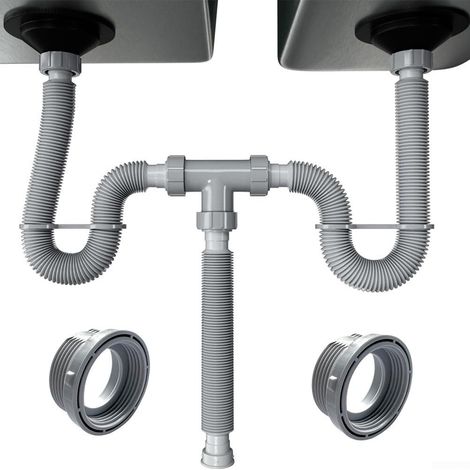 Kit de vidange d'évier double réglable, tuyau d'évacuation flexible, avec conception de siphon en P et joints en silicone pour un ajustement sécurisé dans n'importe quel espace (1/5)