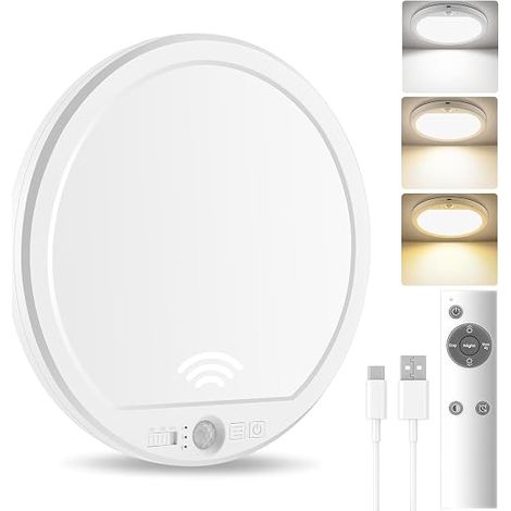 LED Ceiling Light with Motion Sensor, Ceiling Light with Remote Control, USB Rechargeable Wireless Lamp for Bathroom, Hallway, Basement, Garage, Without Electrical Connection (White) (1/5)