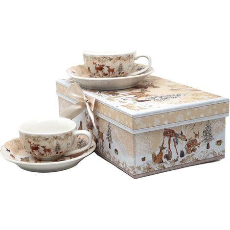 Tasses en porcelaine, lot de 2 – Forêt d'hiver, cerf (cadeau)