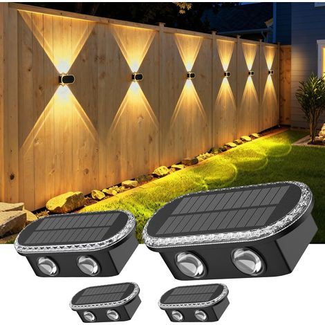 ELLASAY Lot de 4 lampes solaires murales d'extérieur pour clôture, éclairage vers le haut et vers le bas, double LED, étanchéité IP65 et 3 modes de couleur avec design en cristal taillé, décorations p (1/5)