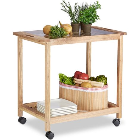 Relaxdays Kitchen Cart with Wheels, Wooden Serving Trolley with Glass Top, 2 Tiers, HxWxD: 62 x 66 x 38 cm, Natural (1/5)