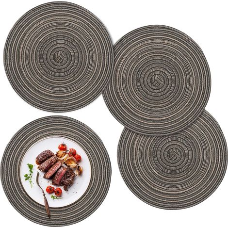 Set aus 4 runden, waschbaren Platzsets, 30 cm Durchmesser, geflochten, hitzebeständig, im Bohème-Stil, aus Baumwolle und Leinen, waschbar, kaffeefarben (1/5)