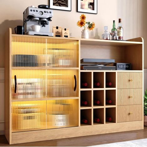 Buffet 120 cm avec range-bouteilles, LED et portes coulissantes en verre naturel HAVRYA (1/5)