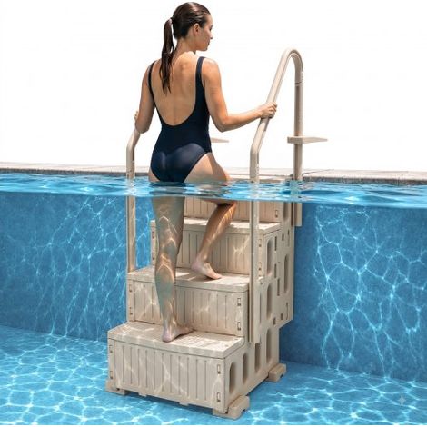 Escalier de Piscine en Plastique avec 2 Rampes, 4 Marches Antidérapantes, Capacité de Charge 181,4 kg, pour Piscines Creusées Hors Sol 122-137 cm, Terrasse, Maison, Intérieur, Extérieur, Taupe (1/3)