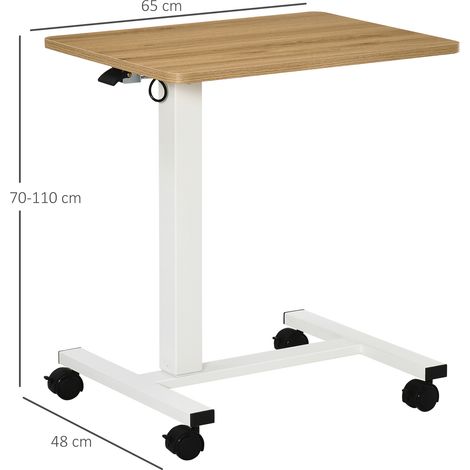 Bureau réglable en hauteur assis-debout, table C mobile sur roues, espace gain de place pour PC portable, finition blanc chêne, 70-110 cm, charge max 70 kg (1/5)