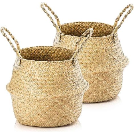 Cache-pots jonc de mer, panier linge rond avec poignée, panier tissé nature, cache-pot, panier pliable rangement couvertures, plantes, jouets (S: 24x20 cm) (1/5)