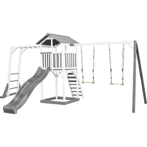 Axi Beach Tower Aire De Jeux Avec Toboggan En Gris, Cadre D'Escalade, 2 Balançoires & Bac À Sable Grande Maison Enfant Extérieur En Gris & Blanc Cabane De Jeu En Bois Fsc