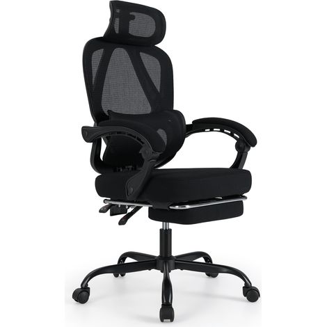 Chaise de Bureau Ergonomique Hauteur Réglable avec Dossier Haut en Maille Inclinable de 135° & Soutien Lombaire Réglable & Roues, Noir (1/5)
