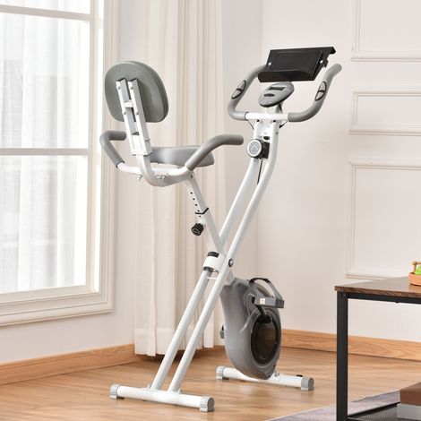 Vélo d’appartement magnétique pliable, dossier, selle et poignées réglables, LCD et support tablette, acier, blanc gris