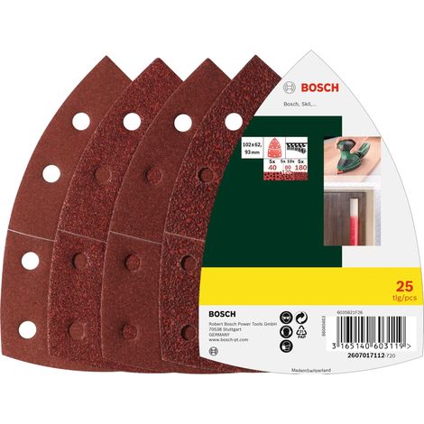 Bosch Set da 25 Pezzi di Fogli Abrasivi, per Legno, Stucchi, Pitture, Vernici, Grana 40/80/120/180, 11 Fori, 102 x 62 mm, Accessori Levigatrice Palmare (1/4)