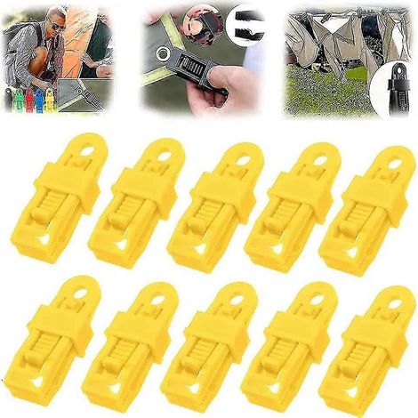 10 poignées de verrouillage robustes et réglables, adaptées aux bâches et aux parasols, clips de parasol en plastique, clips de bâche réutilisables, jaunes. (1/4)