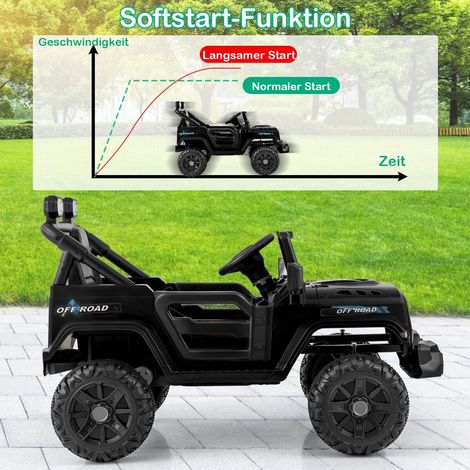 Camion électrique enfant noir 12 V avec télécommande, roues tout-terrain et phares LED pour jardin, parc et extérieur (1/5)