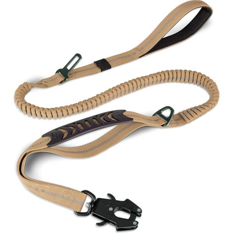 Laisse tactique élastique pour chien avec amortisseur et boucle de ceinture de sécurité (1 incluse, kaki) (1/5)