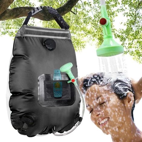 Sac de douche solaire, 20 litres, avec chauffage solaire, pour le camping Tuyau amovible, pommeau marche/arrêt, douche de voyage, douche portable,noir (1/4)