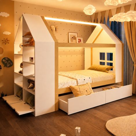 Cama infantil 90x200 cm en madera natural y blanca con 2 cajones, almacenaje y LED, sin colchón (1/5)