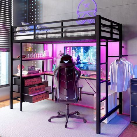 Lit Mezzanine 90x200 avec Bureau LED Prises USB et 3 Tiroirs - lit simple Noir en Métal Loft avec Escalier Rangement Gain de Place (1/5)