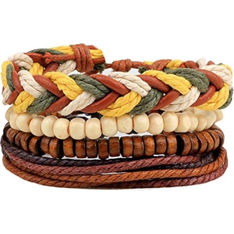 Bracelet Tressé pour Femme,Vintage Tressé Corde Bracelet Marron 4 Pièces en Cuir Cire Corde Bois Perlé Bohême Tissé Bracelets pour Hommes Femmes Enfant Ami Bijoux Faits à La Main Cadeau (1/3)