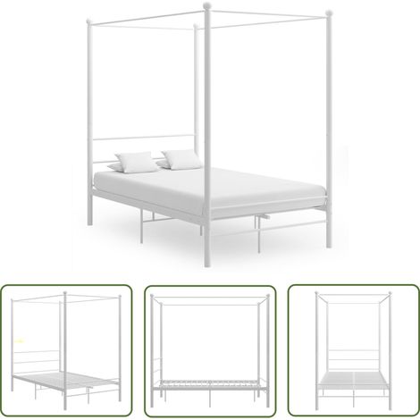 The Living Store Cadre de lit à baldaquin sans matelas blanc métal 120x200 cm - Lit Plateforme - Lit Double - Cadre De Lit - Lit Design - Lit Moderne (1/5)