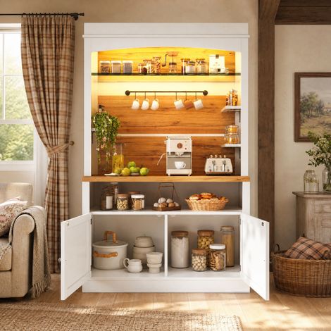 Hoher Buffetschrank mit LED-Beleuchtung, Glasregal und Hakenleiste, 184 cm, Weiß HAVRYA (1/5)