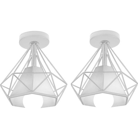 Plafonnier Cage - 16 x 16 cm - Fixation Plafond 10 cm - Douille E27 - Style Industriel Rétro - Métal - Blanc - 1 Pièce