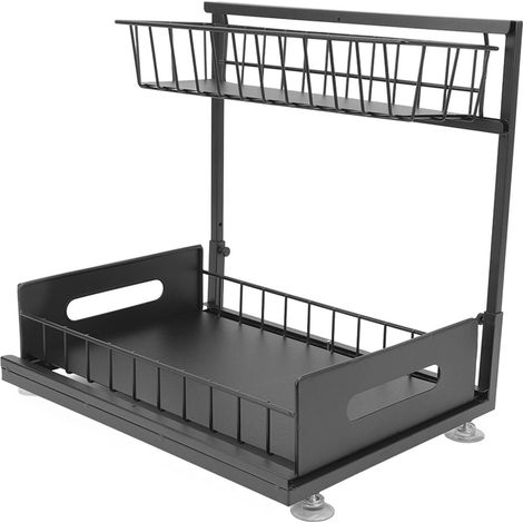 Lot sous évier coulissant de rangement, panier d'armoire 2 niveaux, étagère de salle de bain et cuisine, noir (1/5)