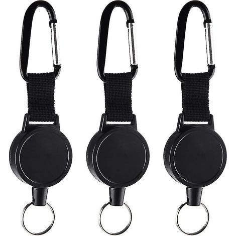 Lot de 3 porte-clés rétractables Jojo robustes avec câble en acier de 65 cm, noir.
