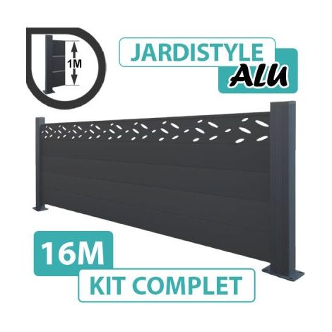 Kit Clôture Aluminium Gris Anthracite 16M - Design - Sur Platines - 1 mètre