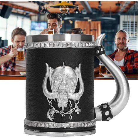 Großer, kreativer Wikinger-Bierkrug aus Edelstahl mit handgefertigtem Harzornament. (1/5)