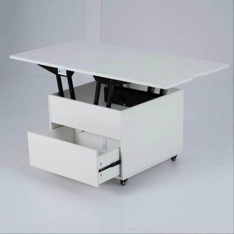 Design 3 en 1 Table Basse Relevable Extensible Salon et Bureau avec Vérin Hydraulique Coffre Caché et 4 Roulettes Blanc (1/2)