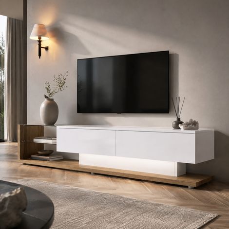 MEUBLIV TV-Lowboard 170 cm Weiß Hochglanz und Holz – verstellbare LED, Stauraum (1/5)